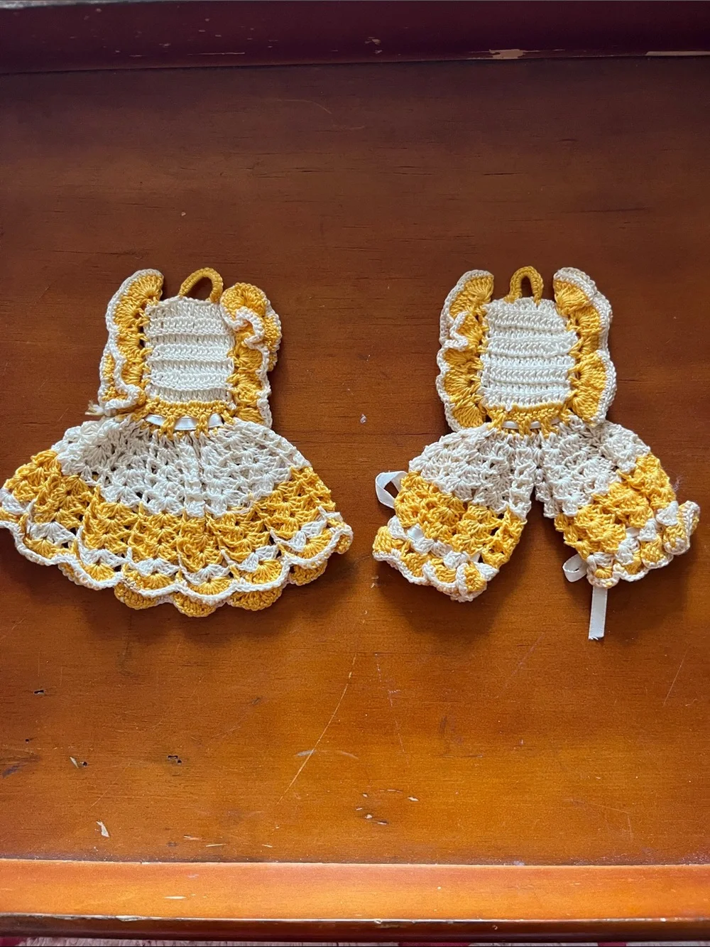 Vintage Handmade Yellow Gold & White Crochet Doll Dress & Romper Potholders